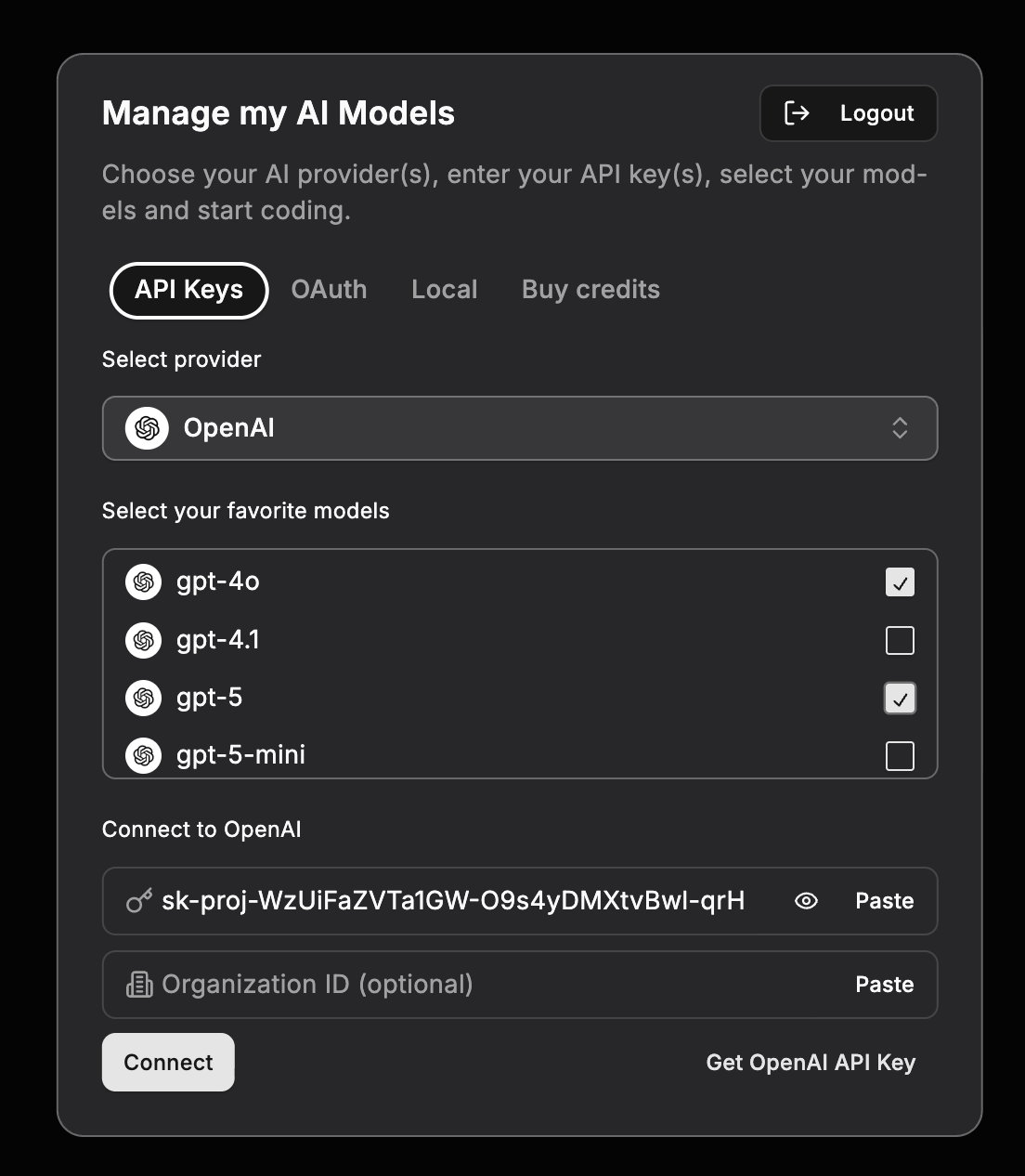 Adding an OpenAI API key in the CodeGPT extension
