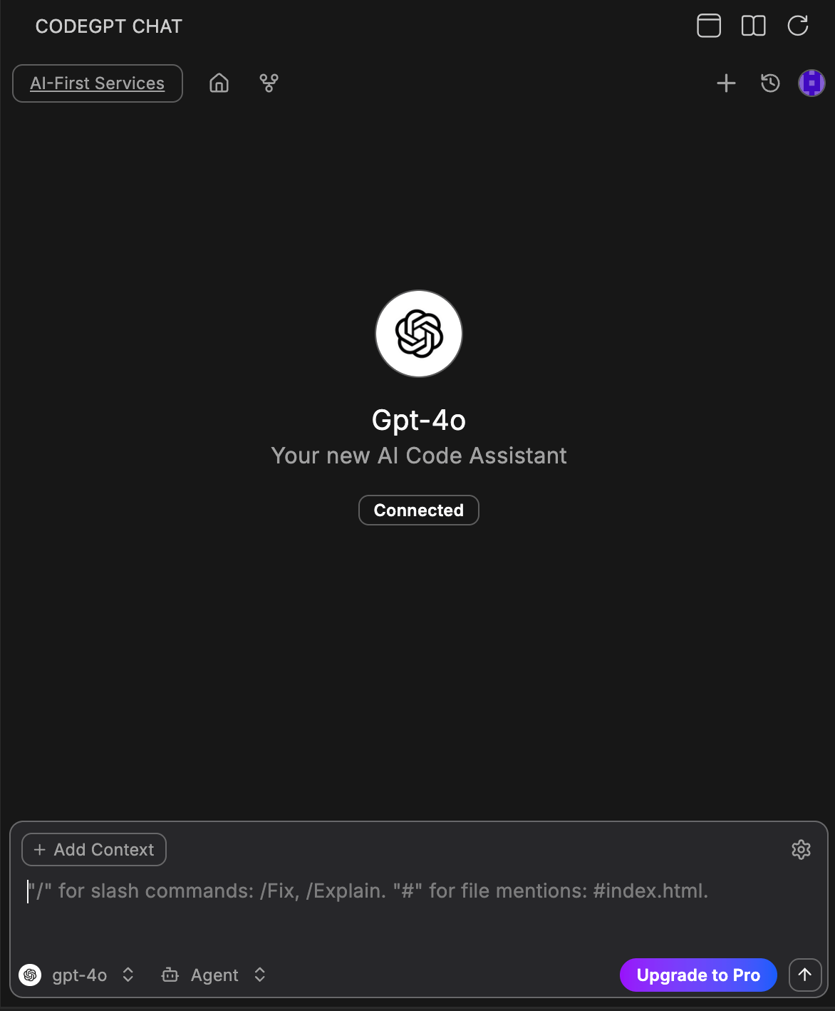 Agent mode showing connected AI Code Assistant ready for complex tasks