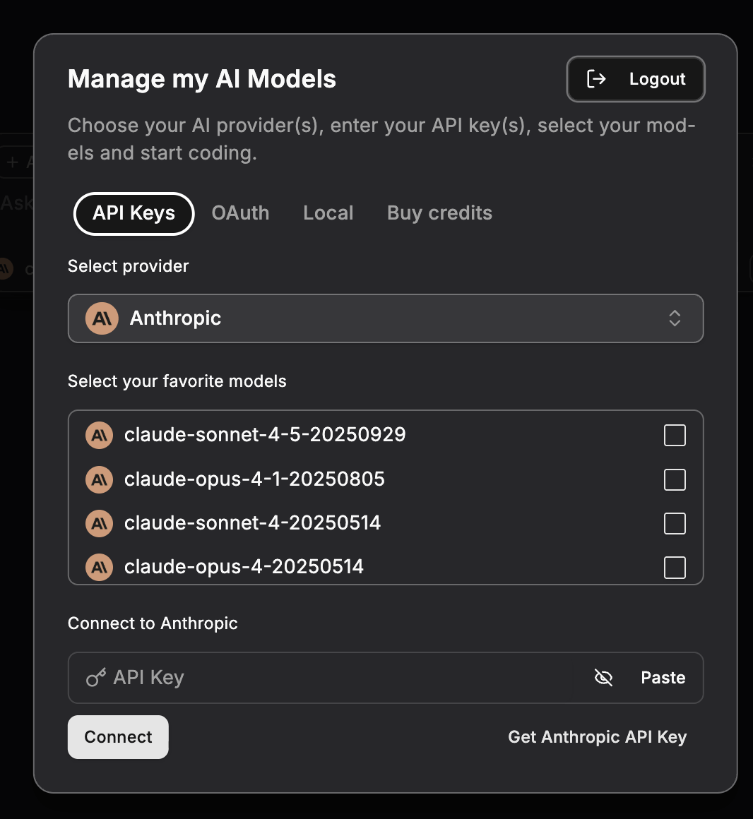 API Keys panel showing Anthropic provider with available Claude models