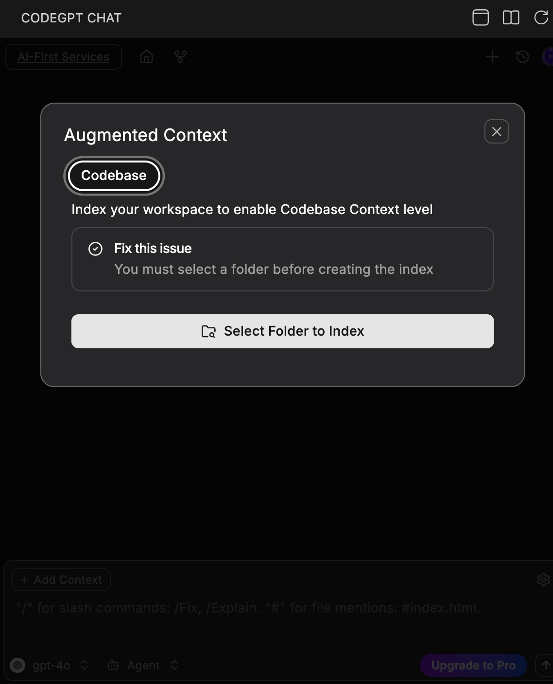 Augmented Context panel showing Codebase indexing with Select Folder to Index button