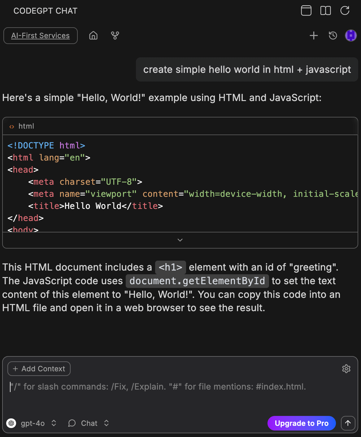 Chat mode in action showing a Hello World HTML+JavaScript example