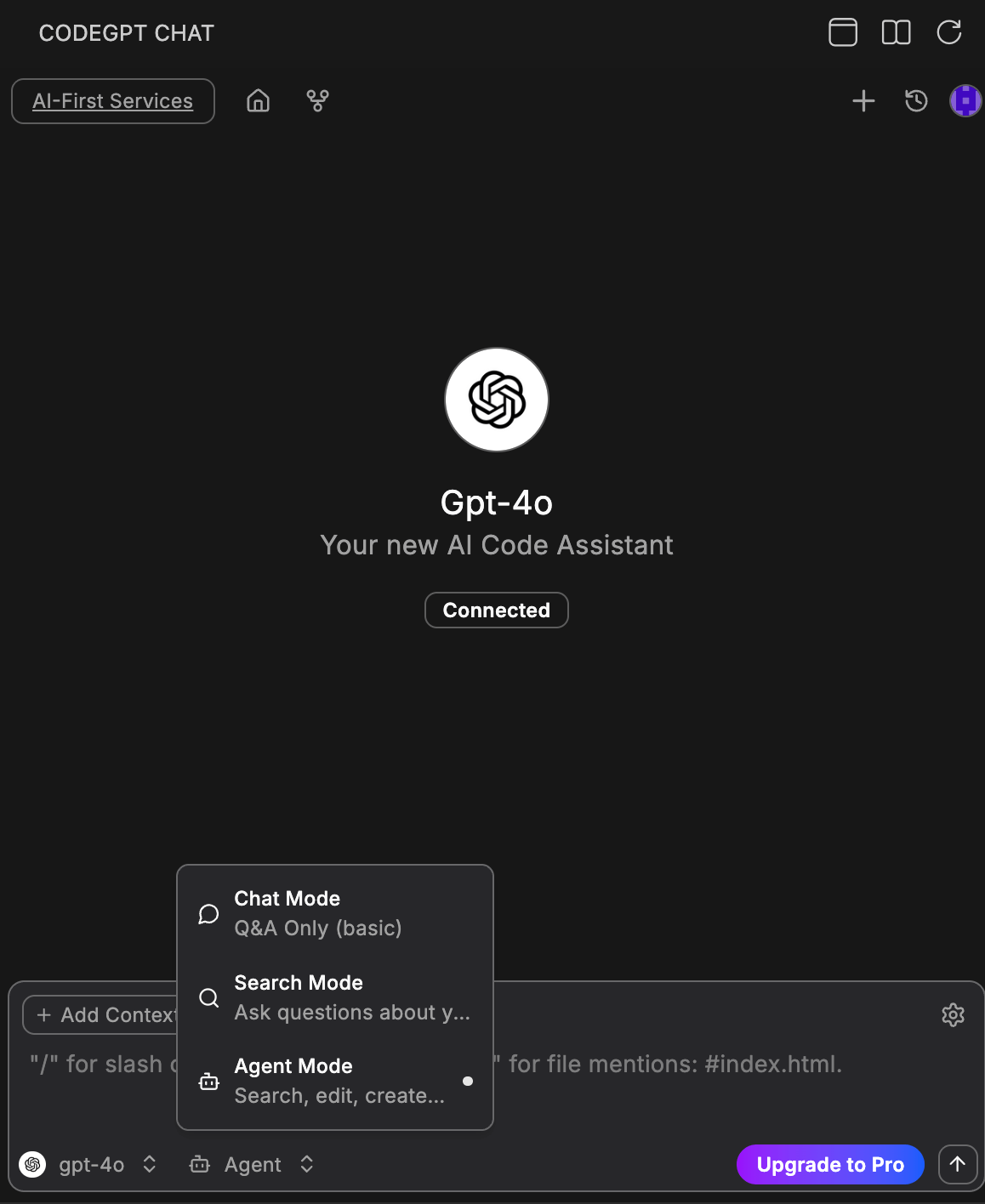 Mode selector showing Chat Mode, Search Mode, and Agent Mode options