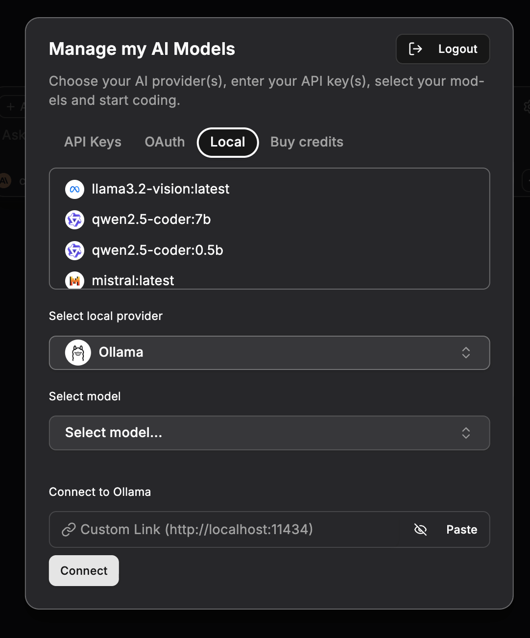 Local models panel showing Ollama connection with available models like llama3.2, qwen2.5-coder, and mistral