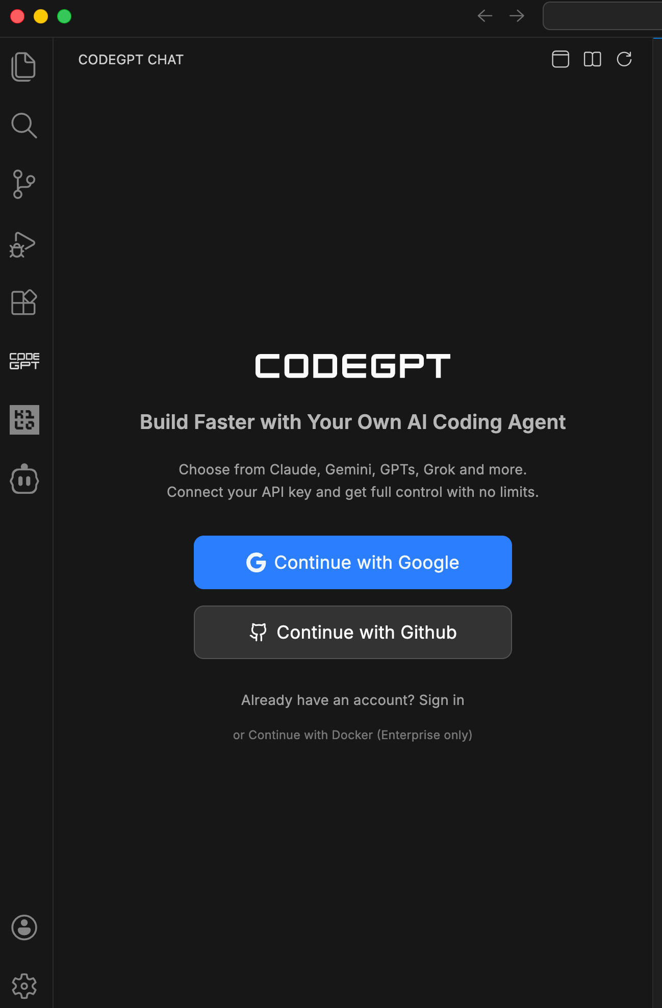 CodeGPT login screen with Continue with Google and Continue with Github options