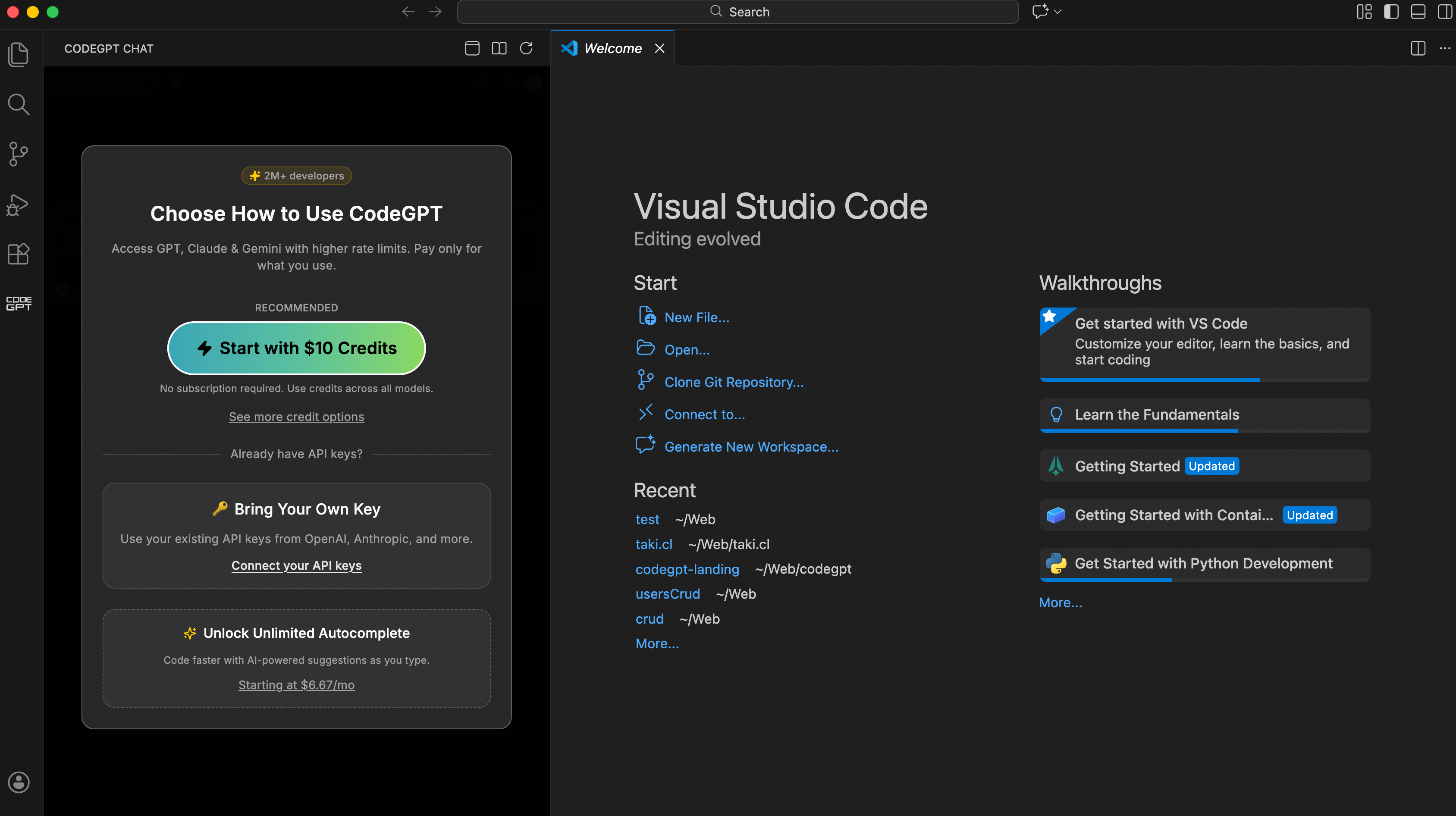 CodeGPT main screen showing the extension interface in VS Code