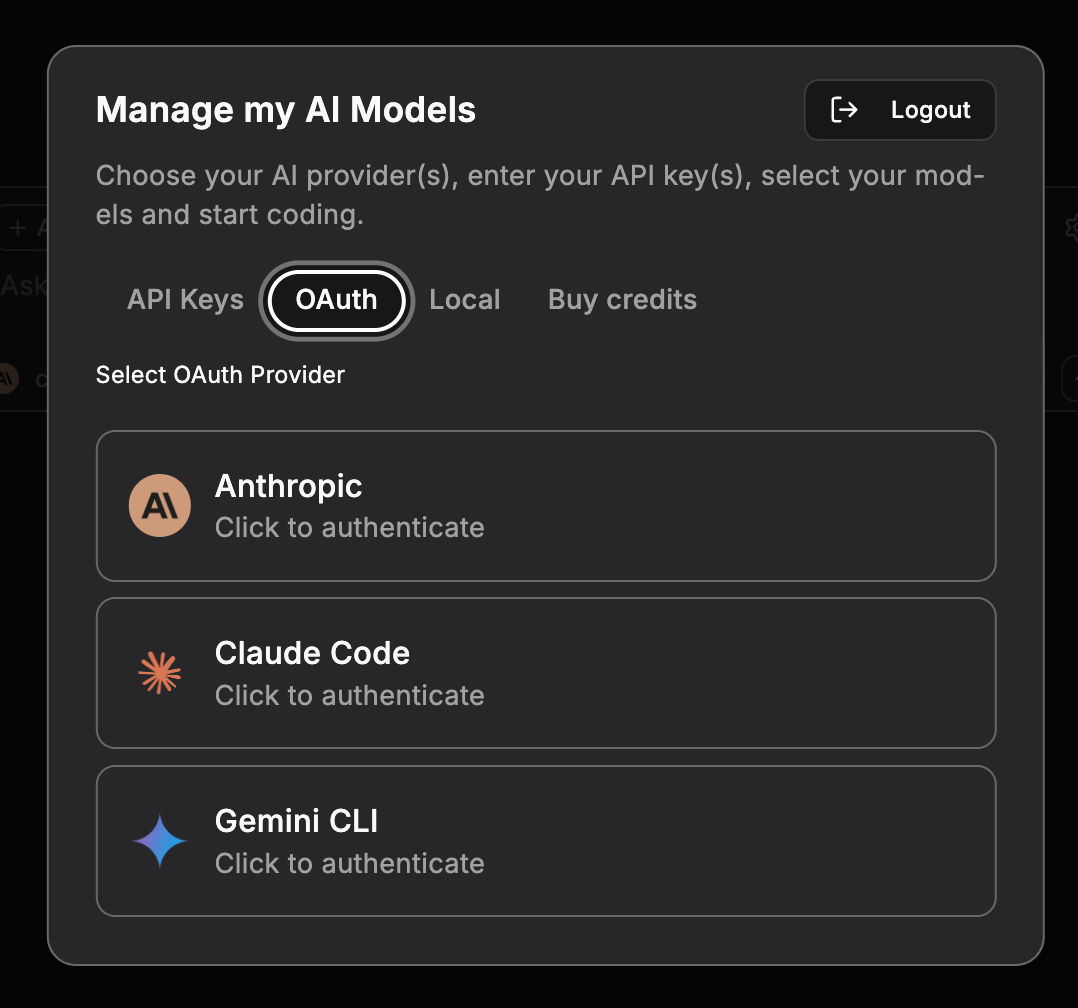 OAuth tab showing Anthropic, Claude Code, and Gemini CLI authentication options