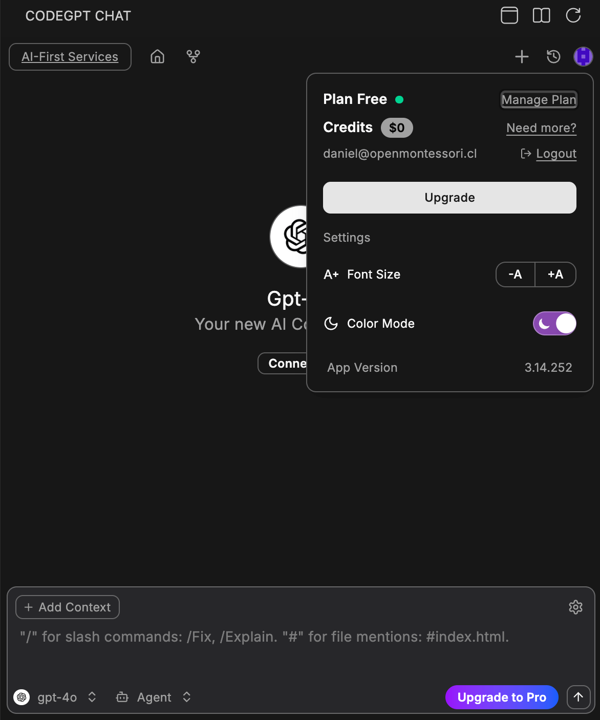 Profile menu showing Plan Free, Credits balance, email, and settings options