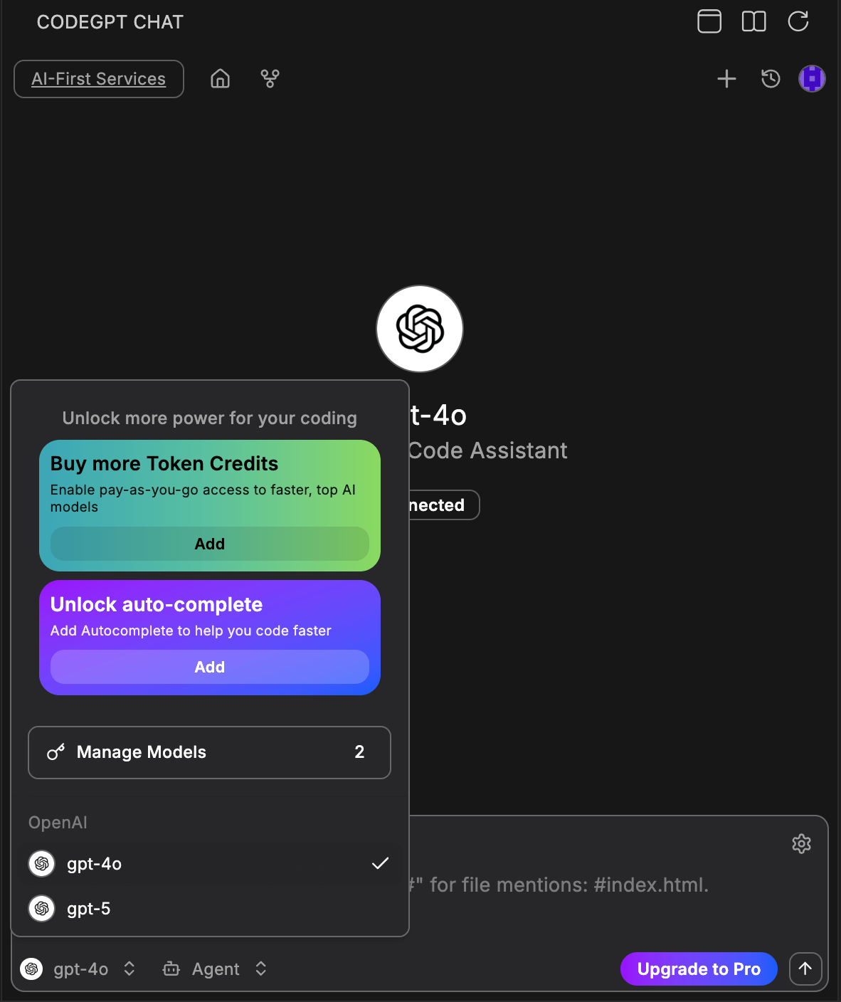 CodeGPT model selector showing available models from API key provider