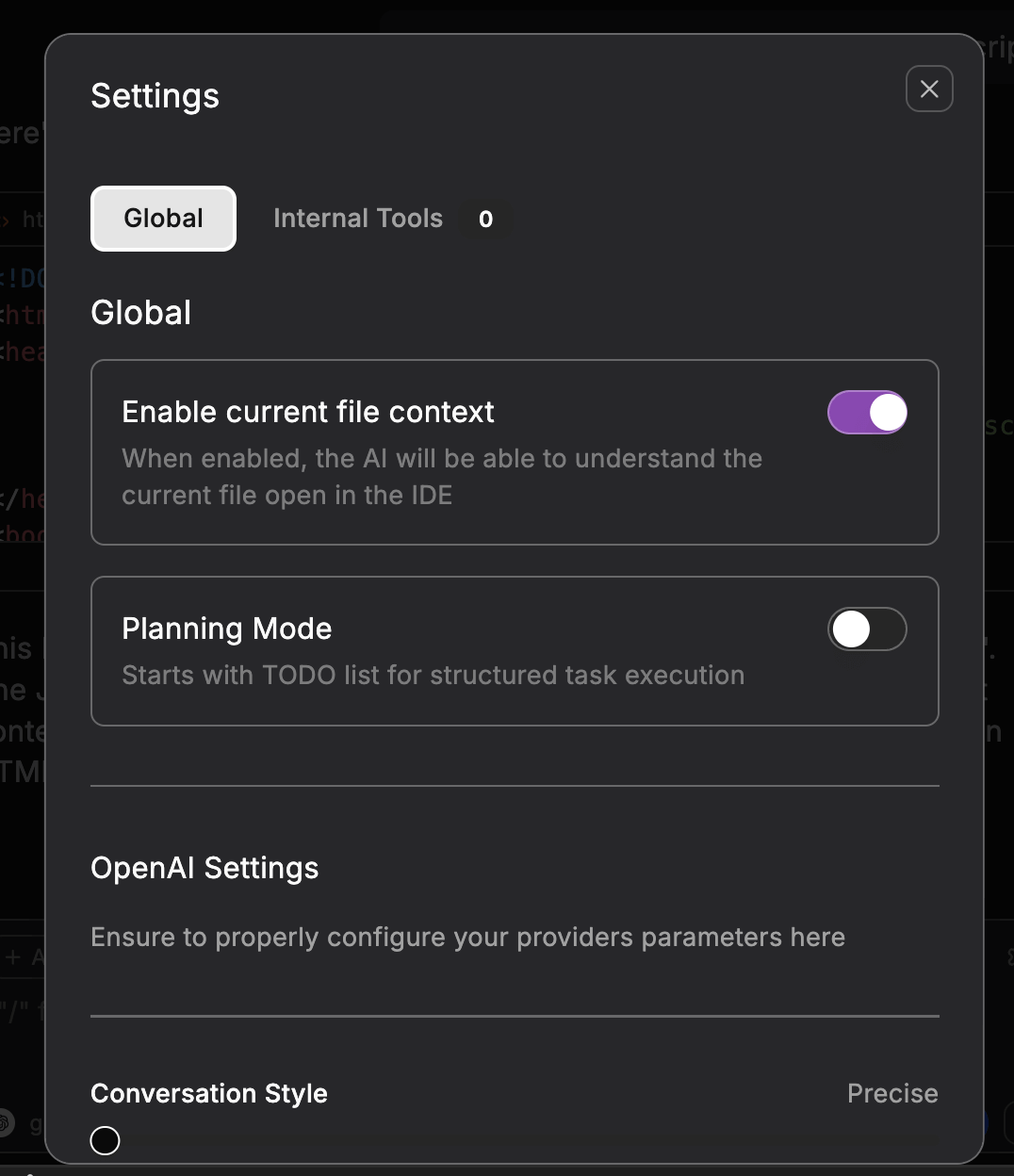 Settings panel showing Global settings like Enable current file context and Planning Mode