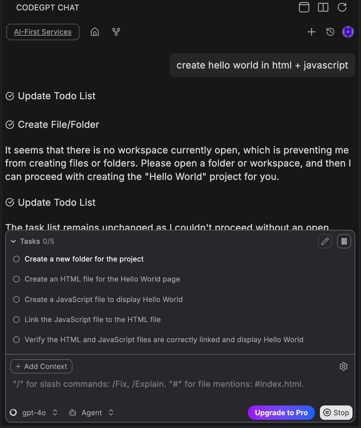Agent mode task list showing step-by-step execution of creating a Hello World project